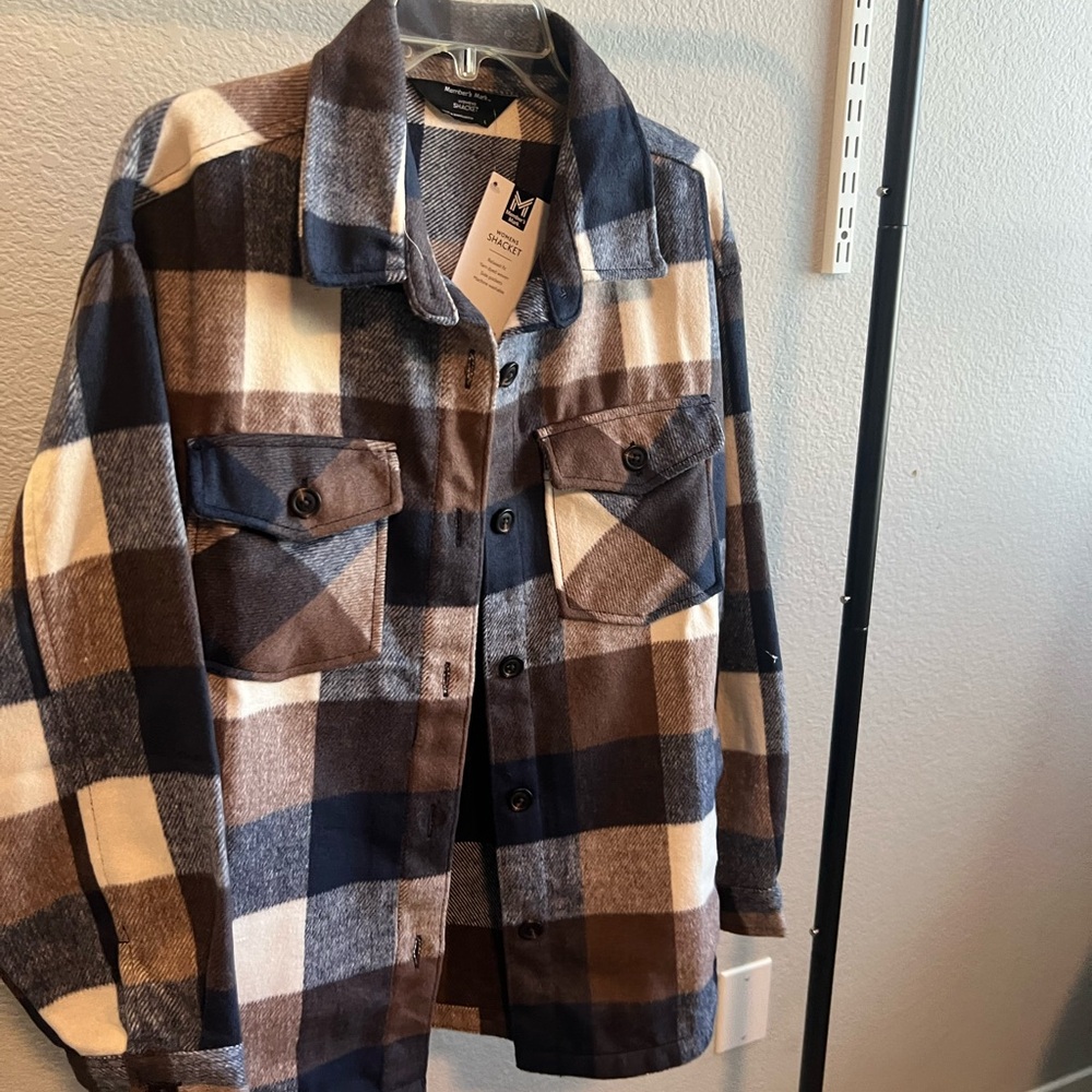 NWT- Plaid Shirt Jacket - Navy, Brown, White